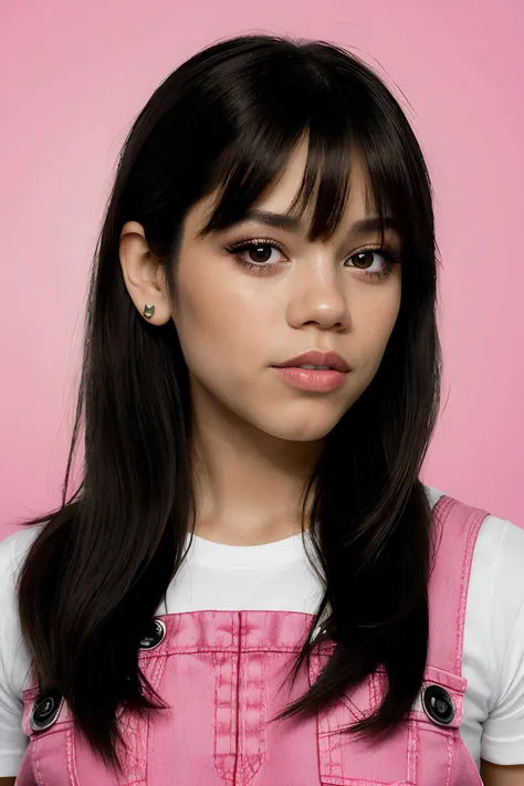 jenna ortega, long hair, bangs, feminine face,
pink overalls, studs, t shirt, detailed skin, young, makeup, dark lipstick,
headshot, simple solid background, closeup head-shot, realistic,
<lora:Jenna_Ortega_V1:0.7>, <lora:breastsizeslideroffset:-0.6>