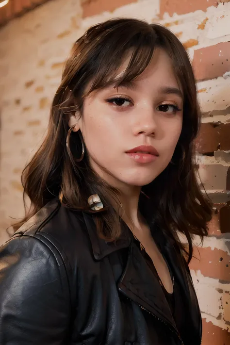 jenna_ortega wearing brown leather jacket, long wavy hair, bangs, eyeliner, eyeshadow, eyelashes, lipstick, makeup,
hoop earrings,
upper body close-up, brick wall background,
<lora:JennaOrtega_Rebirth:0.7>