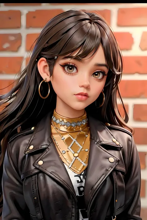 jenna_ortega wearing brown leather jacket, long wavy hair, bangs, eyeliner, eyeshadow, eyelashes, lipstick, makeup,
hoop earrings,
upper body close-up, brick wall background,
<lora:JennaOrtega_Rebirth:0.7>