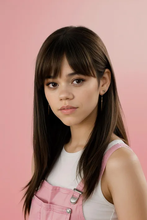 jenna ortega, long hair, bangs, 
pink overalls, studs, t shirt, detailed skin, young, 
headshot, simple solid background, closeup head-shot, realistic,
 <lora:Jenna_Ortega_V1:0.7>, <lora:breastsizeslideroffset:-0.6>