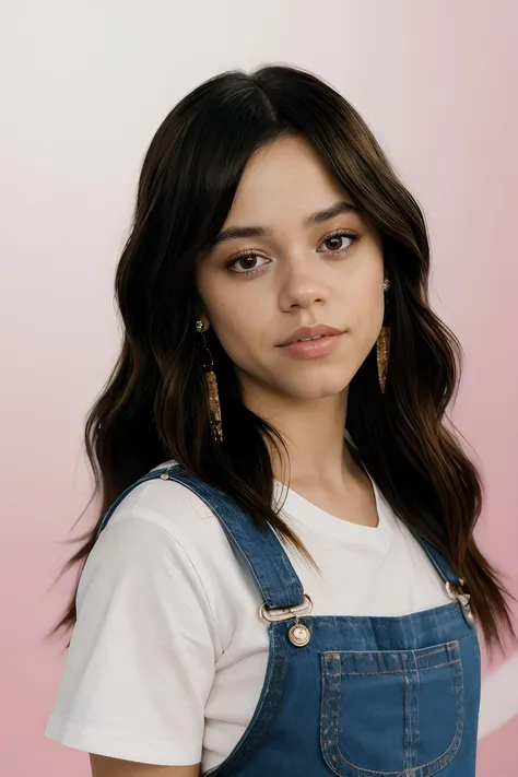 jenna ortega, long hair, 
pink overalls, studs, white shirt, detailed skin, 
headshot, simple solid background, closeup head-shot, realistic,
 <lora:Jenna_Ortega_V1:0.7>, <lora:breastsizeslideroffset:-0.6>