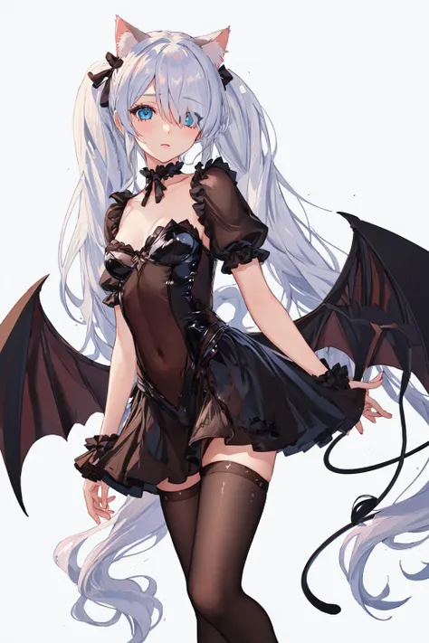 masterpiece, best quality BREAK solo, cat ears, twintails, hair over one eye, demon_wings, demon tail, small breasts, blue_eyes, black legwear, <lora:Janus:0.7>