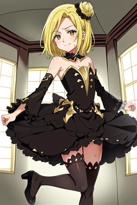(masterpiece,realistic,best quality,ultra detailed,perfect lighting,sharp),Elaine,1girl,single bun,small breasts,sweat,sweaty clothes,sweatdrop,blonde,(party dress),stockings,frills,strip,smirk,smug,off shoulder,orange eyes,short hair,long sleeves,red heels,detached sleeves,indoors,rays,light rays,room,<lora:Elaine:0.6>