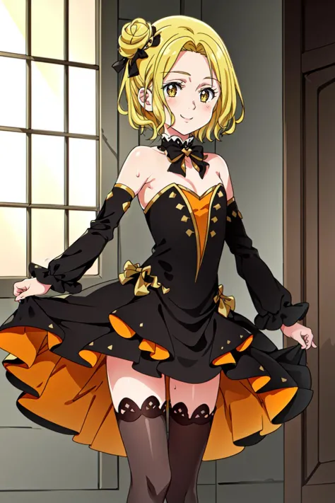 (masterpiece,best quality,ultra detailed,perfect lighting),1girl,single bun,small breasts,sweat,dress lift,sweaty clothes,sweatdrop,blonde,(halloween dress,standing),black and yellow,stockings,frills,smile,off shoulder,orange eyes,short hair,long sleeves,red heels,detached sleeves,indoors,rays,light rays,room,<lora:Elaine:0.5>
