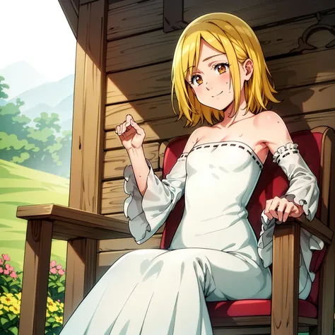 (masterpiece,realistic,best quality,ultra detailed,perfect lighting,sharp),Elaine,pink strip,small breasts,sweat,sweaty clothes,sweatdrop,blonde,white dress,wave,long dress,frills,strip,armpit crease, peek,smirk,smug,off shoulder,orange eyes,short hair,long sleeves,white heels,detached sleeves,outdoors,fantasy,day,landscape,sit,wooden chair,<lora:Elaine:0.6>