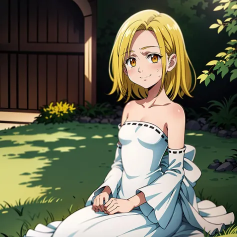 (masterpiece,realistic,best quality,ultra detailed,perfect lighting,sharp),Elaine,small breasts,sweatdrop,blonde,white dress,long dress,frills,sit,seiza,strip,armpit peek,smirk,smug,off shoulder,orange eyes,short hair,detached sleeves,white heels,outdoors,fantasy,day,landscape,<lora:Elaine:0.65>