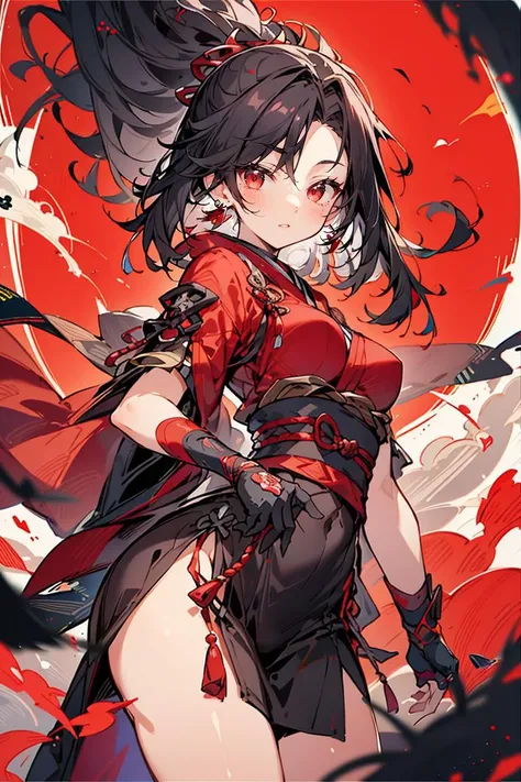 1girl, japanese woman, jewelry, earrings, black_hair, breasts, solo, gloves, medium_breasts, red theme, ,, <lora:niji_wushi:0.68>