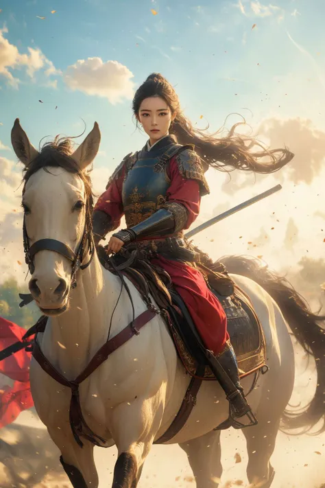1girl,full body,(best quality, masterpiece:1.4),(realism:1.2),(realisitc:1.2),(absurdres:1.2),(photorealistic:1.3),Realistic Skin,Solo,an extremely delicate and beautiful,CG,unity,8k wallpaper,Amazing,official art,extremely detailed,incredibly,huge filesize,ultra-detailed,looking at viewer,<lora:Samurai:0.7>,<lora:niji_wushi:0.6>,full body,riding on a white horse, (masterpiece, best quality, high quality, highres, ultra-detailed),