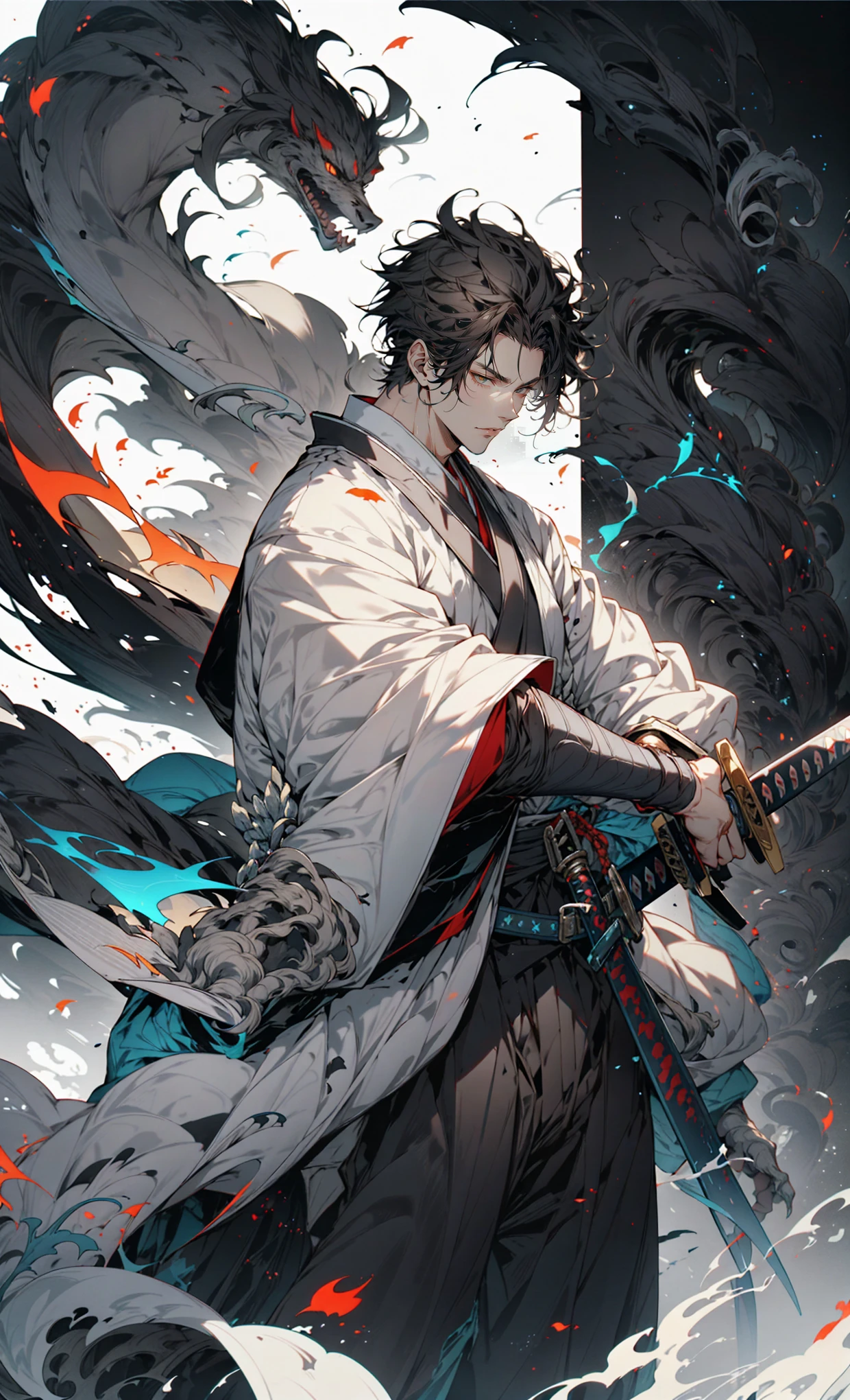 (black background:1.2),[(black background:1.5)::5], FH
weapon, 1boy, male focus, sword, solo, japanese clothes, holding, holding weapon, katana, holding sword, sheath, , , long sleeves, , haori, , hakama, kimono, sheathed,,, Architectural background,
<lora:niji_kfX:0.7>