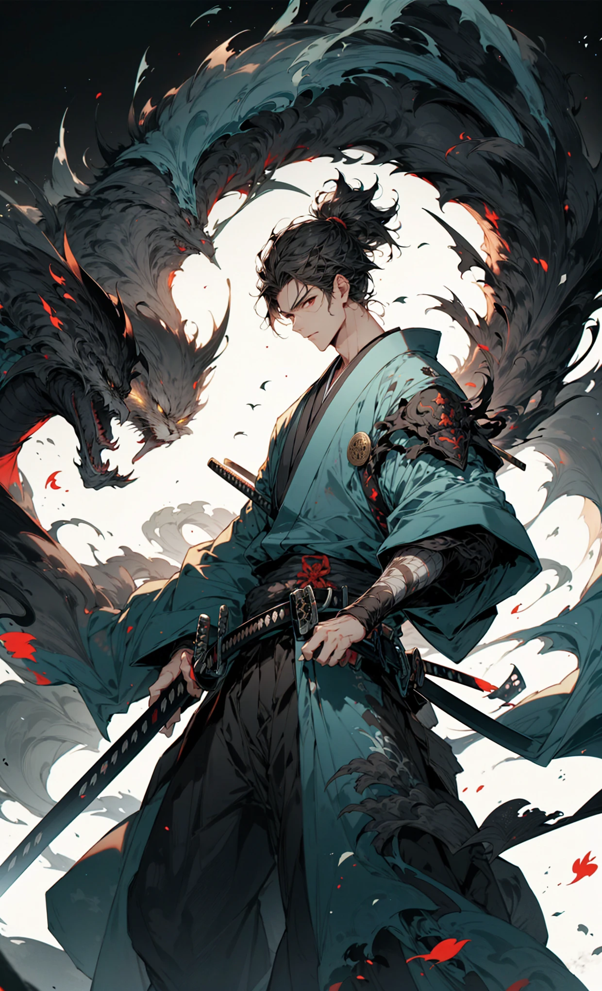 (black background:1.2),[(black background:1.5)::5], FH
weapon, 1boy, male focus, sword, solo, japanese clothes, holding, holding weapon, katana, holding sword, sheath, , , long sleeves, , haori, , hakama, kimono, sheathed,,, Architectural background,
<lora:niji_kfX:0.7>