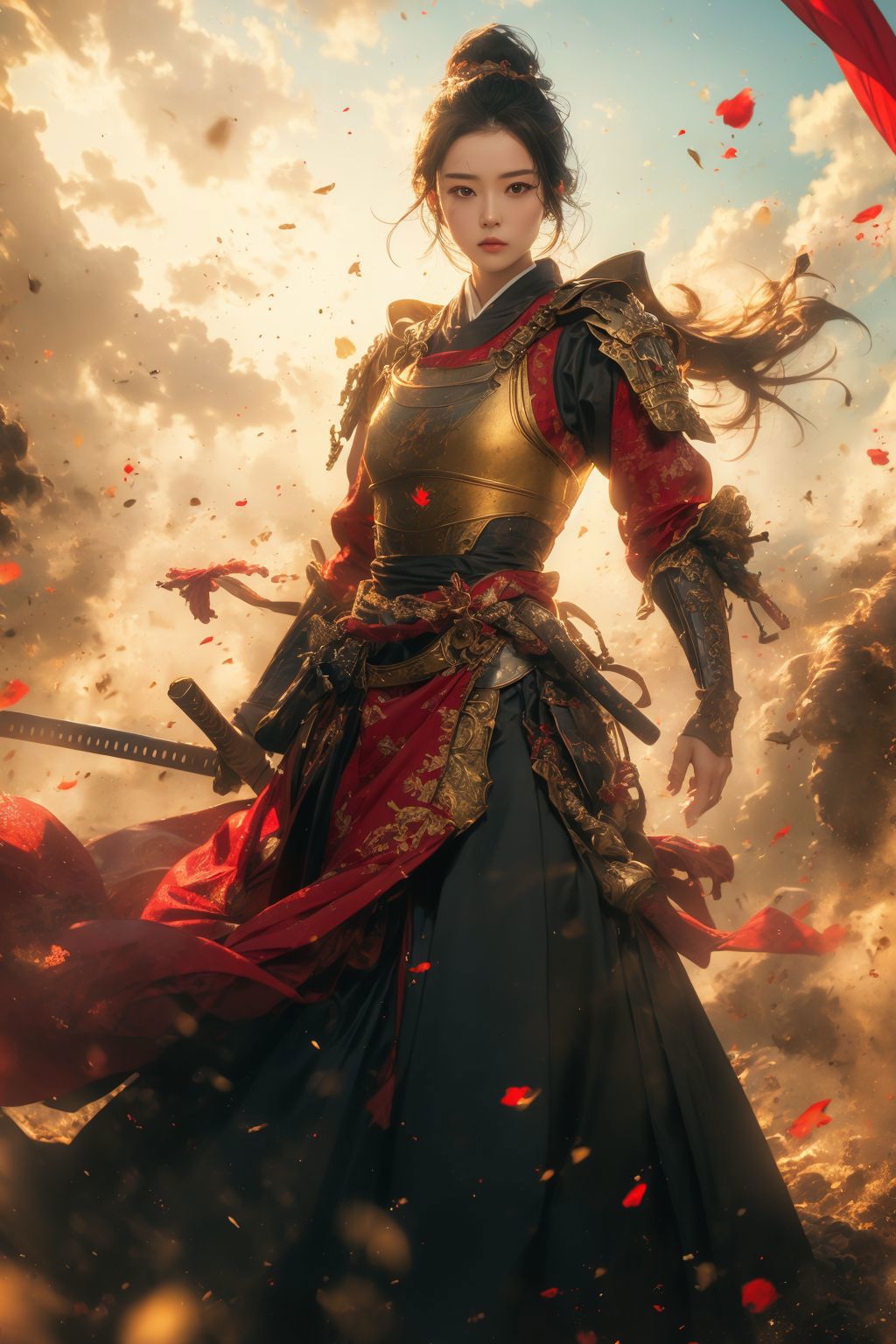 A woman in a red and gold dress holding a sword - SeaArt AI