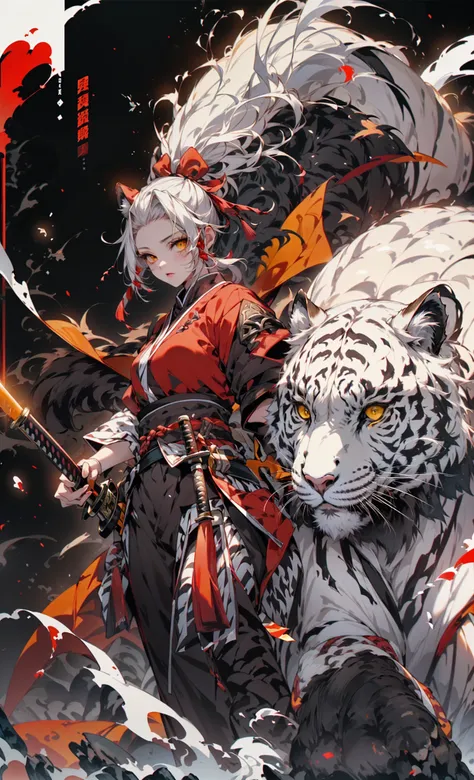 Best quality, masterpiece, ultra high res, 1girl, cute, , kawaii face, detailed skin, yellow eyes, (long white hair, high ponytail), (white tiger ears:1.2, white tiger tail:1.2), gu, full body, slim, (weapon, holding weapon, katana), arm guards, tabi, white and black, walking in snowy mountain, rocks