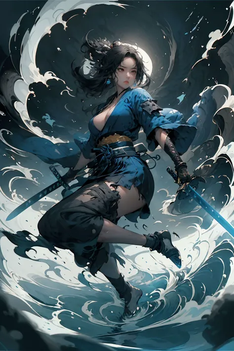 (masterpiece, best quality,high quality,A delicate face), ((Wide angle:1.2)),
1girl, weapon, sword, jewelry, earrings, black_hair, breasts, solo, gloves, holding_weapon, holding_sword, medium_breasts, full body, <lora:niji_wushi:0.8>, Samurai sword, blue theme, Fluctuation of Water,