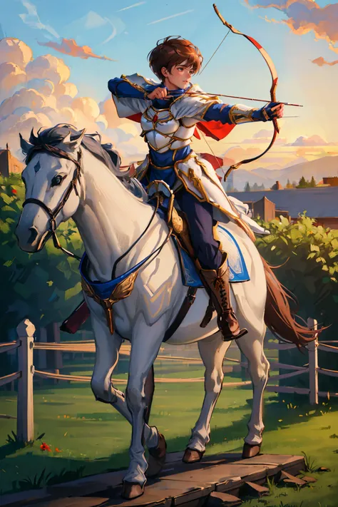 <lora:Leif:1> leiffe, armor, pants, boots, cape
masterpiece, best quality, absurdres, beautiful, 1boy, <lora:mounted_archery_v1-000018:1> mounted archery, archery, horseback riding, horse, aiming, holding bow