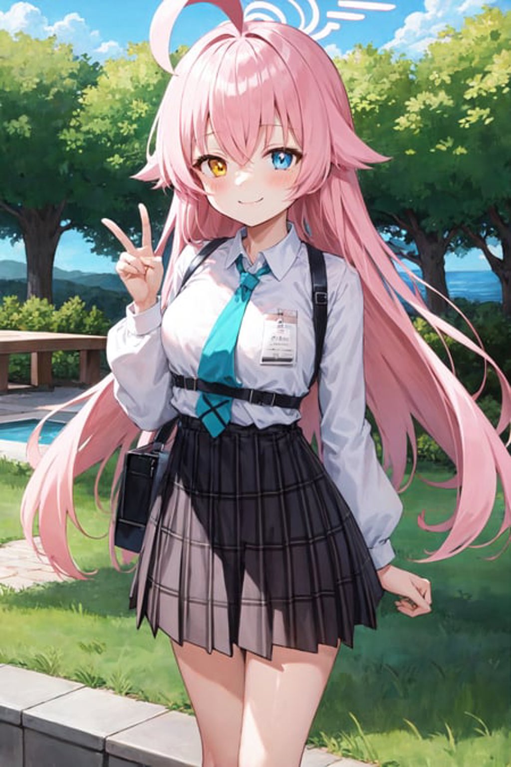 Anime girl with pink hair and blue eyes posing in a park - SeaArt AI