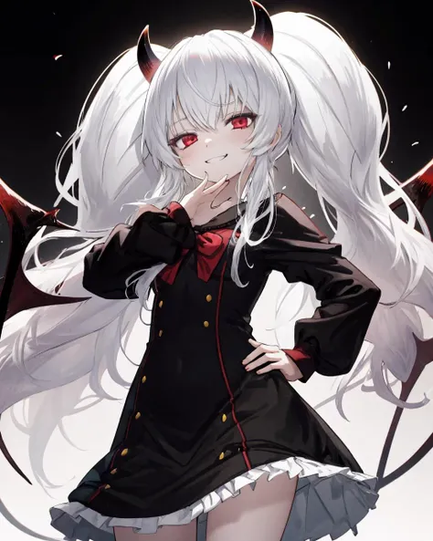 1girl,solo,grim aloe,demon horns, black_dress,standing,cowboy shot, <lora:GrimAloe:1>,demon wings, albino,evil smile, naughty face, hand on hip, ojou-sama pose, <lora:OjouSamaPose:1>,demon tail,