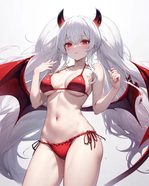 1girl,solo,grim aloe,demon horns, ,standing,cowboy shot,  <lora:GrimAloe:1>,demon wings, albino,large breasts, red bikini, navel,demon tail,