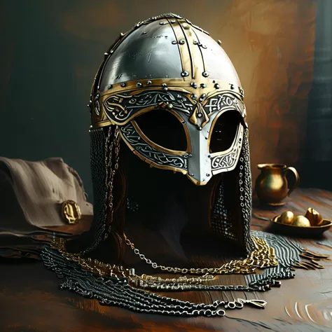 Fantasy (viking helmet) with prominent nasal and gold trim with a chain coif lying on a table, dark sockets, 
Highly detailed, high resolution, best quality, semi-realistic, dark, moody, 
<lora:Viking_Helmets:1>, viking helmet, 
<lora:01lXLP:1>, 01l, 
<lora:Eldritch Oil Style LoRA_Pony XL v6:1>, oil painting style, 
<lora:sinfully_stylish_SDKL:0.8> dark dramatic lighting, 
<lora:MJ52:1> MJ52,