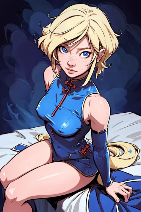 (dcheung, dave cheung), amazing, masterpiece, best quality, absurd res, detailed, anime, cartoon, 1girl, blonde hair, blue eyes, sitting in a bedroom, highly detailed background, <lora:DCheung-v1-000465:0.7>