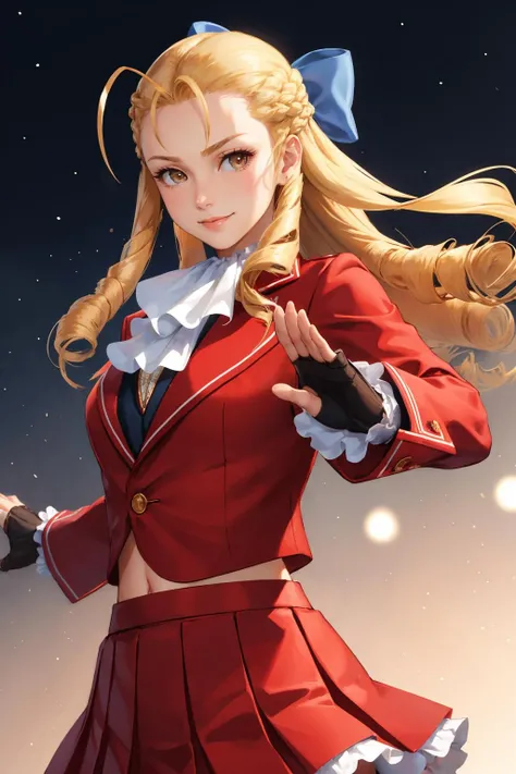 masterpiece, best quality, <lora:sfkarin-nvwls-v1-000008:0.8> sfkarin, hair bow, ascot, red jacket, long sleeves, frilled skirt, fingerless gloves, looking at viewer, smug, smile, furrowed brow, standing, upper body, fighting stance, portrait, gradient background, night sky, solo, bokeh