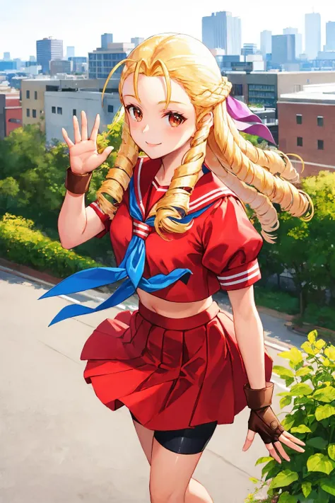 masterpiece, best quality, <lora:sfkarin-nvwls-v1-000008:0.9> sfkarin, serafuku, short sleeves, midriff, red skirt, shorts under skirt, fingerless gloves, raised arm, smile, waving, city street, standing, loafers, from above