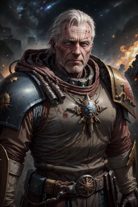 (best quality, masterpiece, realistic, detailed), 8k CG, perfect artwork, <lora:add_detail:1>
(1man, wrinkled face, old polish male:1.2), frail, grey-blue eyes, gray hair, long hair,
style-rustmagic, portrait, solo, upper body, looking down, detailed background, detailed face, (:1.1), warhammer 40k space marine, face, adeptus astartes, wearing white thick power-armor, large shoulder-plates, bloodied armor, melter weapon, (skull:0.7) themed accessories, cloak, genetically enhanced, war-cry, movement, techmarine, crusade badges, veteran, blood angels chapter, space marine flag in background, epic atmosphere,
<lora:nuclearDiffusionBrush_v10:0.3>,