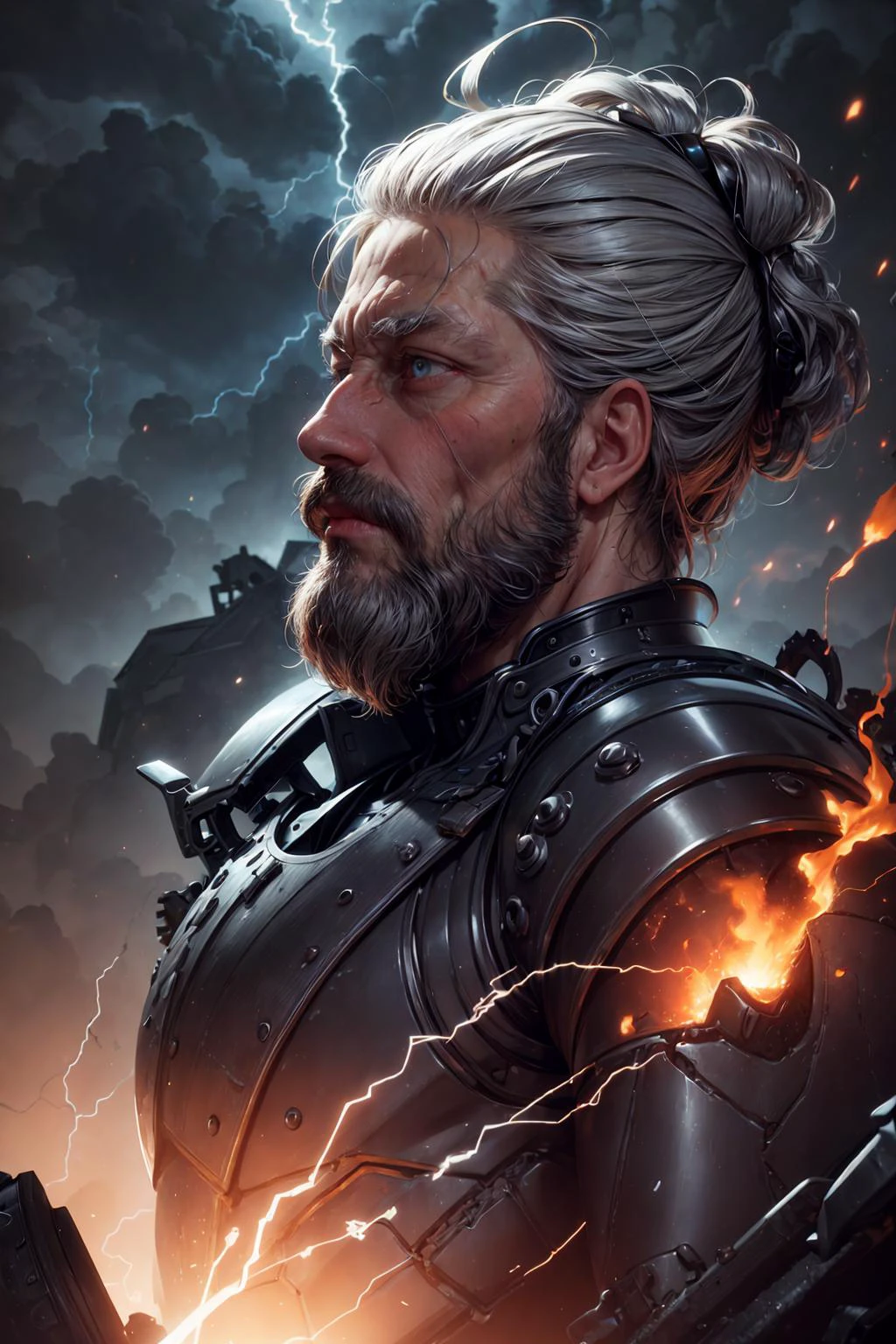 ultra detailed 8k cg, vintage photograph,
<lora:add_detail:1>, <lora:nuclearDiffusionBrush_v10:0.3>,
(1man, old swedish male:1.2), frail, grey-blue eyes, white hair, beard,
(style-swirlmagic:0.9), (medieval cyborg:0.8), portrait, (bloody wounds:0.7), looking at viewer, solo, upper body, detailed background, (renaissance theme:1.1) determined expression, dynamic pose, dark clouds engineer, floating screws, dark purple mechanical armor with straps, techwear, blowtorch, dark cave in background, steam, oil, buttons, lightning epic atmosphere,
