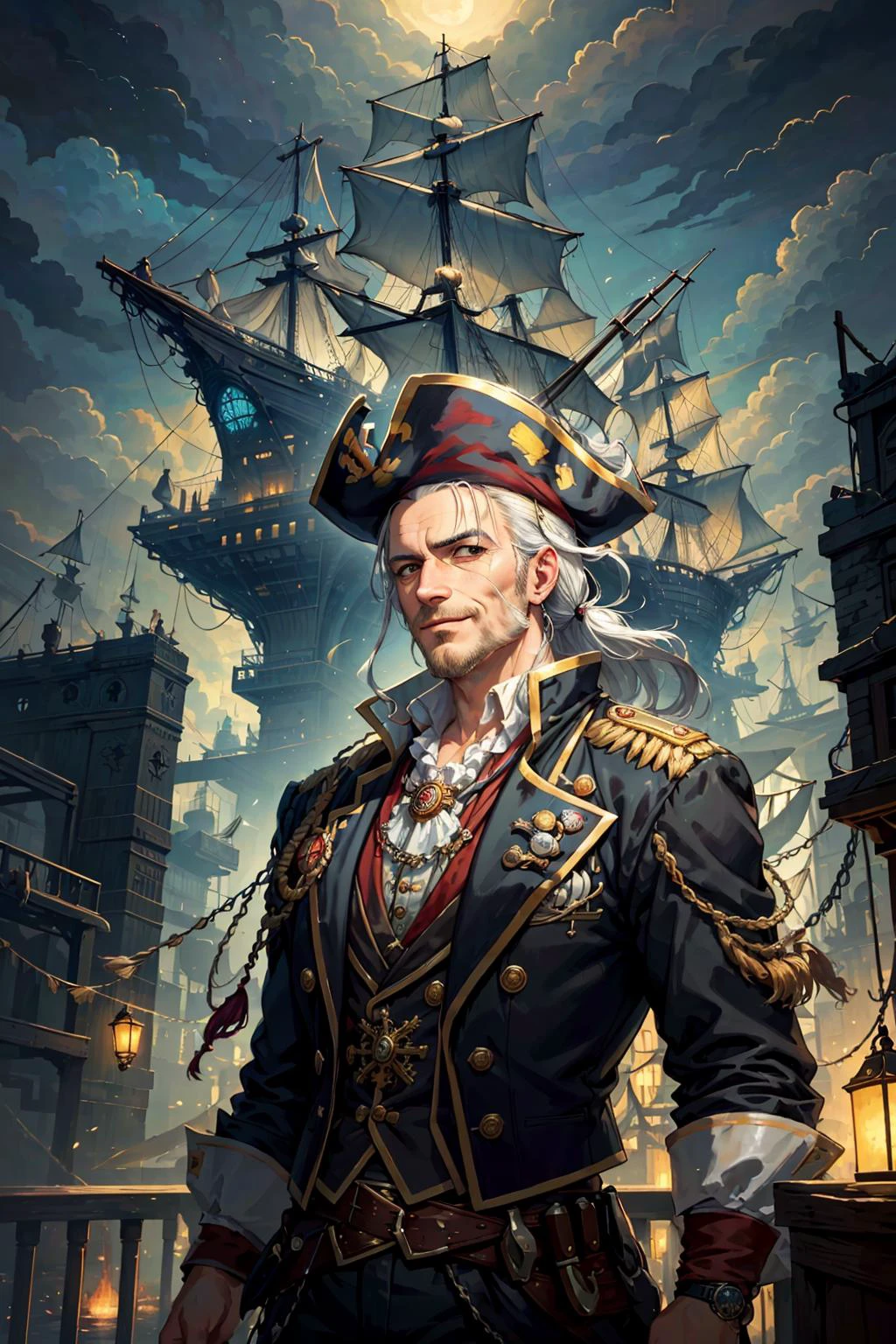 (masterpiece, top quality, best quality, official art, beautiful and aesthetic:1.2), extreme detailed, (fractal art:1.3), dynamic streaks, luminous trails, colorful, visual chaos, highest detailed,
(1man, old hungarian male:1.2), wise, black eyes, white hair, mutton chops,
(character focus:1.1), portrait, solo, upper body, detailed background, detailed face, (<lora:CulturePunkBundle:0.3>, piratepunkai, pirate theme:1.1), aristocratic pose, smiling, ruling class, elegant clothing, elegant hat, looking over floating (cloud city:1.1), cloudtop sky-city, floating platforms, floating buildings, dome, balcony, railing, bridges, propellers, clouds in background, epic atmosphere, dark night,
<lora:nuclearDiffusionBrush_v10:0.3>,