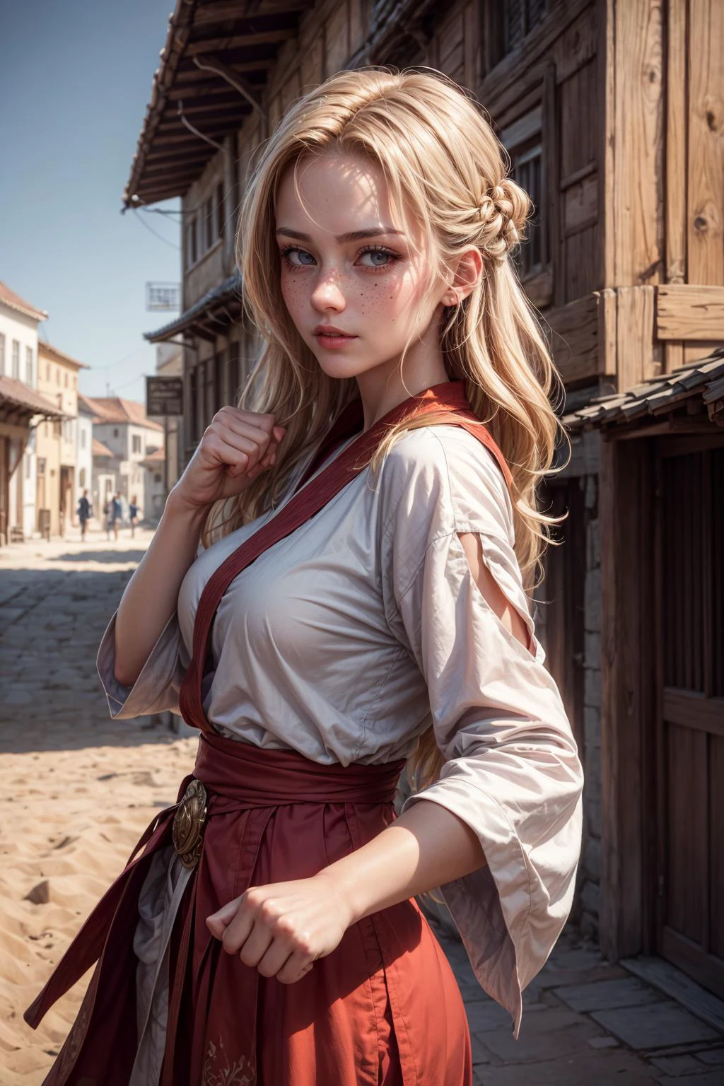<lora:add_detail:1>
1 girl, adult hungarian woman, freckles, red eyes, chestnut sleek hair,
looking at viewer, solo, half shot, detailed background, detailed face, (arid middle-eastern desert theme:1.1), eastern, hair flowing in the wind, martial artist, dynamic pose, fighting stance, clenched fist, hitting, wristwraps, colorful martial arts themed clothes, monk robes, medieval town square in background, dynamic composition, epic eastern medieval atmosphere,
<lora:nuclearDiffusionBrush_v10:0.3>,
