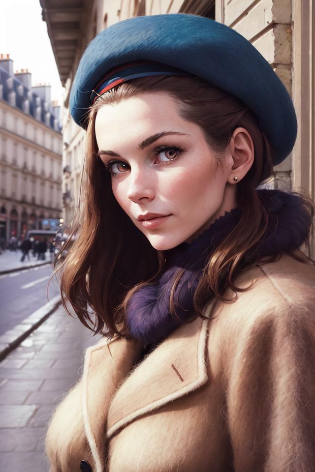 Arafed image of a woman in a blue beret and a brown coat - SeaArt AI