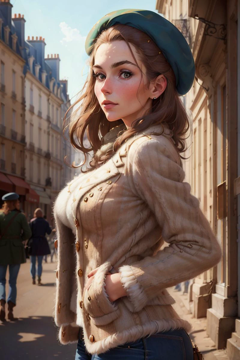 low angle of stunning 25 year old woman wearing a beret and mohair jacket in 1969 Paris, looking away from camera, portrait taken by David Lazar, portrait by Joel Santos, Portrait by Steve McCurry <lyco:nclrdfsn-000010:0.5>