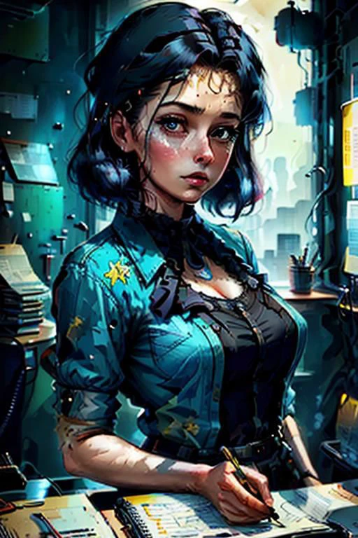 retro, a woman in an office looking down at her notebook, startling mystery, cover art, illustration, retro, high contrast