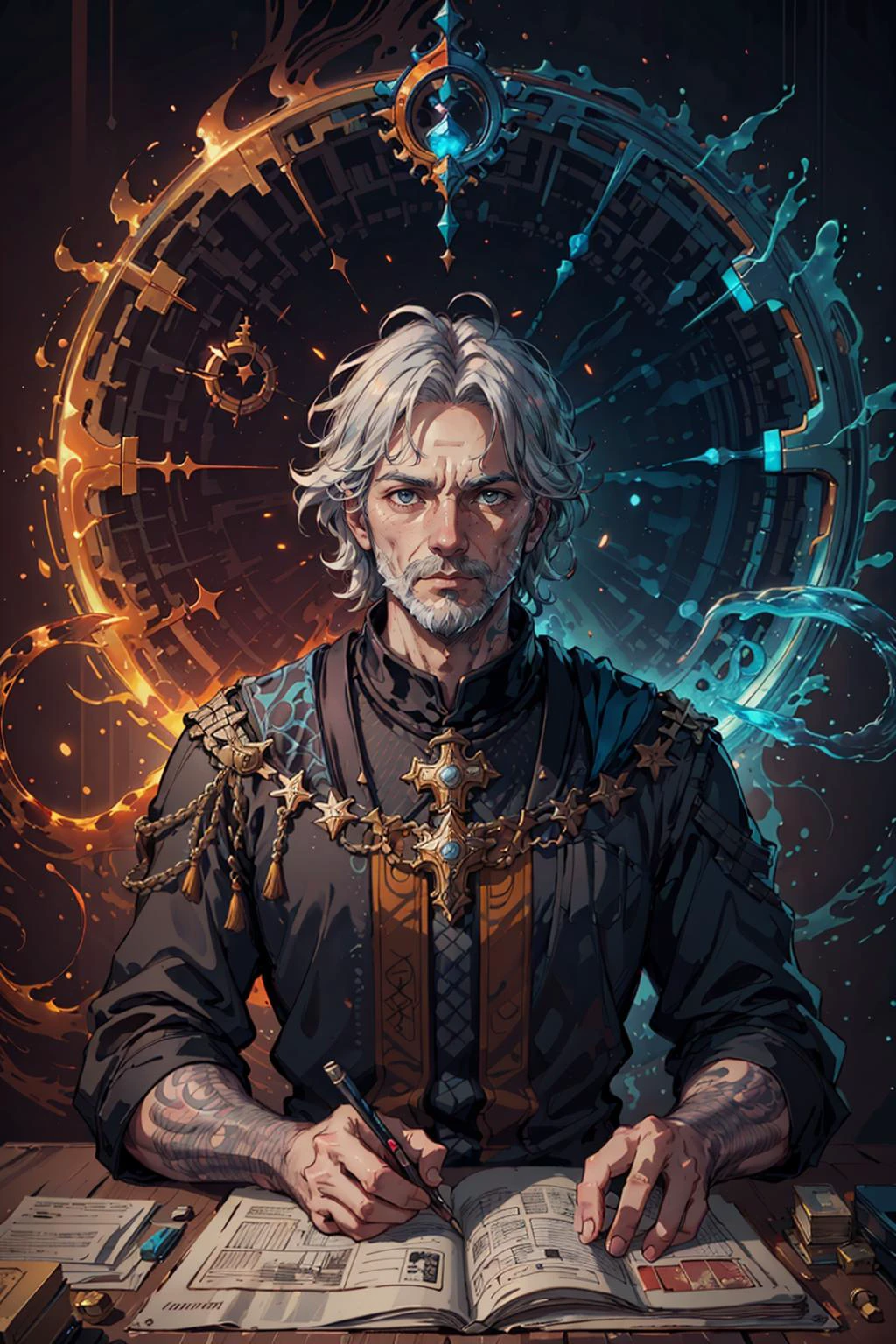 (inked original-art:1.2), (lineart:1.31), (fine-details:1.3), Flat-colors, (movement:1.4), <lora:add_detail:0.5>
(1man, old byzantine male:1.2), wise, ruby eyes, gray hair, thick beard,
solo, upper body, looking at viewer, detailed background, detailed face, intricate details, (dystopian futuristic theme:1.1) scholar sitting at desk, reading, awestruck, surrounded by papers, maps, notes, glowing magical symbols, abacus, cryptic device, formulas, floating magical symbols, (style-swirlmagic:1.0), ancient magic, intelligence, archive in background, magical fantasy atmosphere,
<lora:nuclearDiffusionBrush_v10:0.3>,
