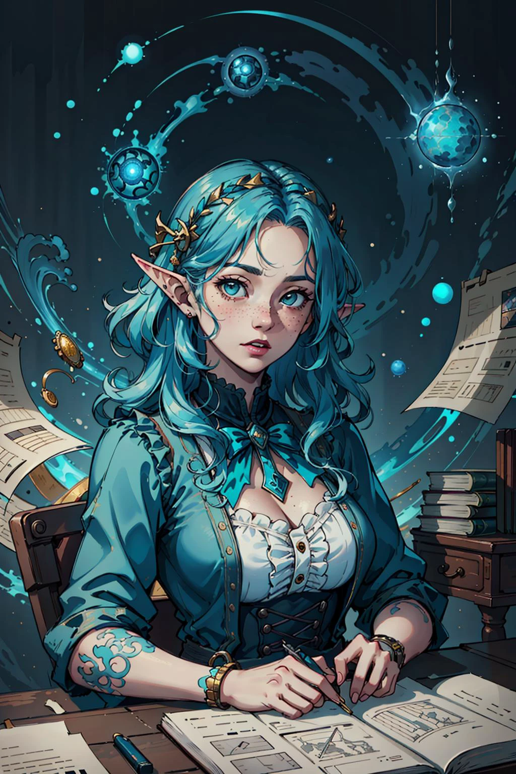 (inked original-art:1.2), (lineart:1.31), (fine-details:1.3), RAW-format, (depth), (movement:1.4),
1 girl, adult elven woman, freckles, teal eyes, dark red ringlets hair,
portrait, solo, half shot, looking at viewer, detailed background, detailed face, intricate details, (victorian theme:1.1) novice sitting at desk, simple clothes, researching, surrounded by papers, maps, runes, cryptic device, (style-swirlmagic:1.0), ancient magic, discovery, thought, library in background, magical fantasy atmosphere,
<lora:style_nuclearDiffusionBrush_v10:0.3>,
