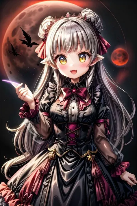 adult, evil corrupted princess wearing dark pastel (ruffled:1) (gleaming oily latex ballgown:1) and (transparent long wide sleeves:1.5), soft lighting, (lots of frills and bows:1), (cute little fangs:1),
(vmpr:1),
(red moon background),
<lora:more_details:1>,