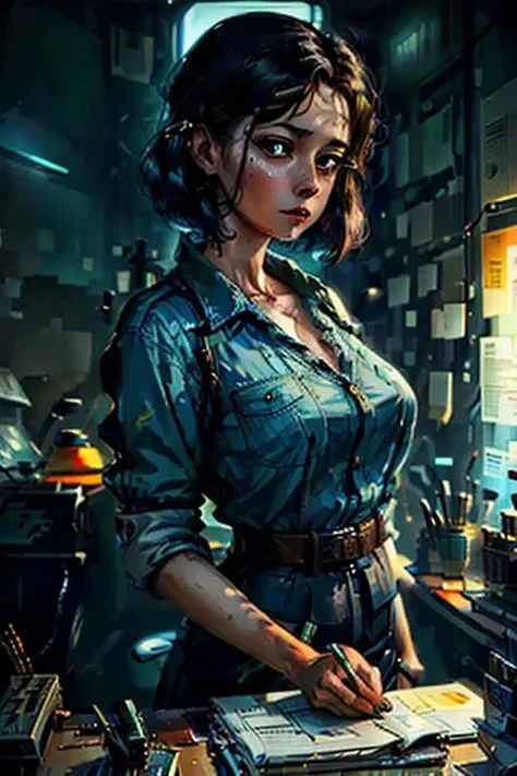 retro, a woman in an office looking down at her notebook, startling mystery, cover art, illustration, retro, high contrast
