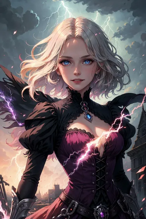 (masterpiece, best quality), photorealistic rendering,
1 girl, adult (elven:0.7) woman, grey-blue eyes, platinum blonde shaggy hair,
(style-swirlmagic:0.8), portrait, looking up, solo, (full body:0.6), detailed background, (victorian theme:1.1) evil smile, focusing, pursed lips, sorcrer, casting spell, (pink lightning <lora:LightningvfxCreateMore_v1:0.1>), floating whirlwind, dynamic pose, dark purple clothes, hair flowing in the wind, enchanted knife, arcane spell, mana, grim dark realistic lighting, ruined street in background,
<lora:nuclearDiffusionBrush_v10:0.3>,