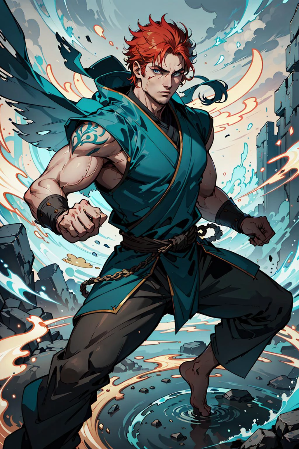(inked original-art:1.2), (lineart:1.31), (fine-details:1.3), RAW-format, (depth), (movement:1.4),
(1man, muscular, adult russian male:1.2), light blue eyes, ginger high-fade,
(style-swirlmagic:0.7), looking at viewer, solo, (full body:0.6), detailed background, detailed face, (mortal kombat theme:1.1), eastern, monk, dynamic pose, fighting stance, clenched fist, striking, wristwraps, colorful elemental themed clothes, monk robes, watery swamp in background, swirling floating particles, dust cloud, dynamic composition, mystical eastern medieval atmosphere,
<lora:style_nuclearDiffusionBrush_v10:0.3>,
