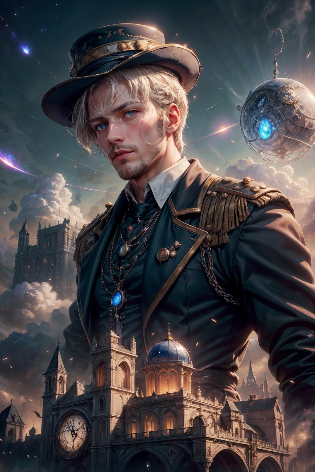 <lora:add_detail:1>
(1man, thin adult jewish male:1.2), grey-blue eyes, platinum blonde hair, fade,
Style-GravityMagic, (focus on character:1.1), portrait, solo, half shot, detailed background, detailed face, (<lora:ChronomancyAI:0.5>, ChronomancyAI, chronomancy theme:1.1), aristocratic pose, awestruck, ruling class, elegant clothing, elegant hat, looking up at floating (cloud city:1.1), cloudtop sky-city, floating platforms, floating buildings, tower, balcony, bridges, clouds in background, zeppelin in background, wind blowing, epic atmosphere, glowing orange lights,
<lora:nuclearDiffusionBrush_v10:0.3>,
