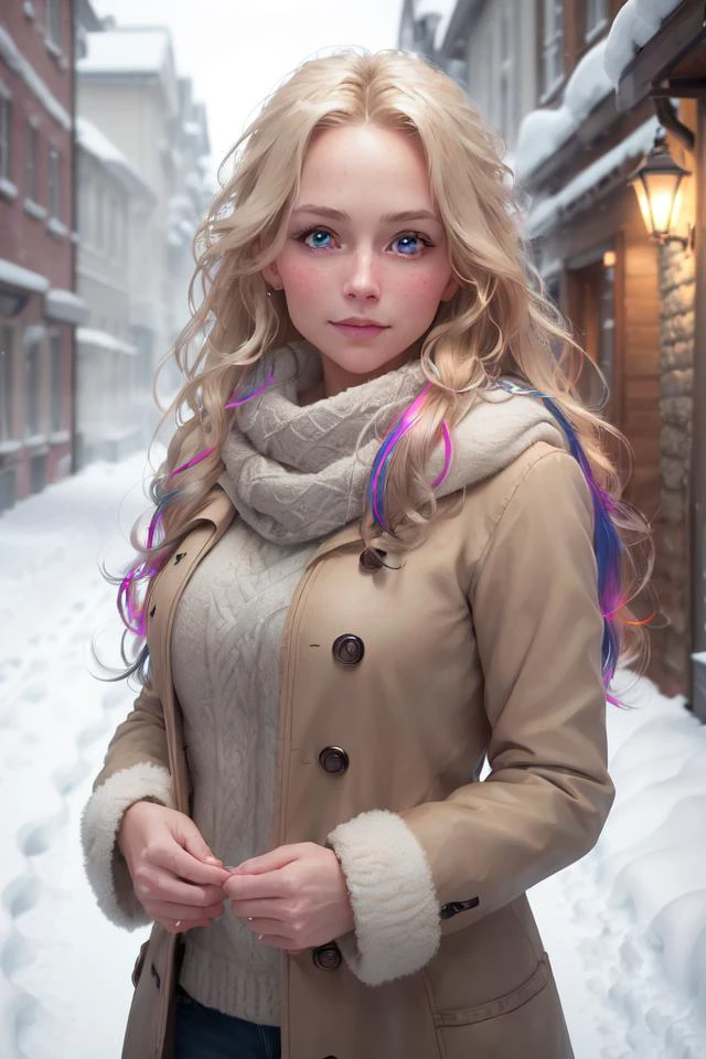 real, photograph, professional portrait photograph of a gorgeous Norwegian girl, long wavy blonde hair, sultry flirty look, gorgeous symmetrical face, cute natural makeup, ((standing outside in snowy city street)), stunning rural environment, ultra realistic, concept art, elegant, highly detailed, intricate, sharp focus, depth of field, f/1. 8, 85mm, medium shot, mid shot, (((professionally color graded))), bright soft diffused light, (volumetric fog), trending on instagram, hdr 4k, 8k, nsfw, <lora:nucleardiff:1>