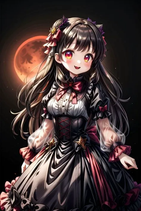 adult, evil corrupted princess wearing dark pastel (ruffled:1) (gleaming oily latex ballgown:1) and (transparent long wide sleeves:1.5), soft lighting, (lots of frills and bows:1), (cute little fangs:1),
(vmpr:1),
(red moon background),
<lora:more_details:1>,