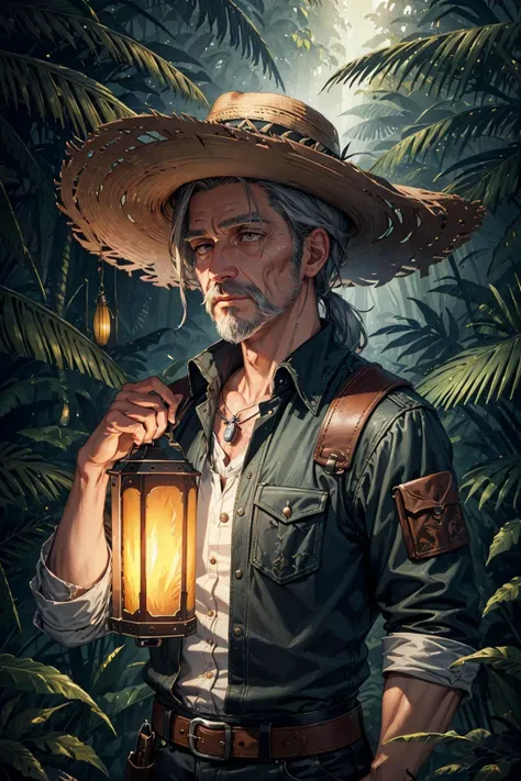 (masterpiece, top quality, best quality, official art, beautiful and aesthetic:1.2), extreme detailed, (fractal art:1.3),    luminous trails, colorful,     highest detailed,
(1man,  old  male:1.2), wise,  grey eyes, graying hair, long mustache,
portrait, solo, upper body, detailed background, detailed face, (renaissance theme:1.1), adventurer, running, dynamic pose, rugged tattered frayed leather clothes, shirt, wide brim hat,   holster,  belt,  (leather pouches:0.4), lantern, (abandoned:0.7) tropical jungle background, vines,     dark cinematic atmosphere, occult, shadows, dim light, 
<lora:nuclearDiffusionBrush_v10:0.3>,