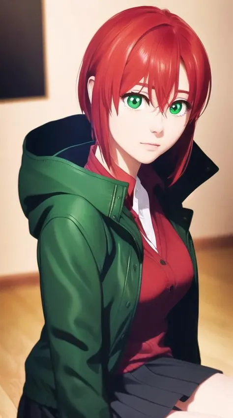 pixel-Chise in a white shirt and a red cardigan and a green jacket and a black skirt, (distant shot, masterpiece, photorealistic, realistic, (RAW photo, 8k uhd, film grain), caustics, subsurface scattering), <hypernet:myhands_22k:0.75> <lora:hatori-Chise-LoRA:0.6>