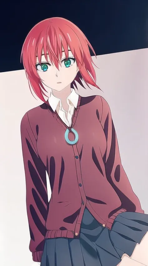 pixel-Chise, 1girl, red cardigan, black skirt, necklace, white shirt, masterpiece, dynamic shot, <hypernet:myhands_22k:0.75> <lora:hatori-Chise-LoRA:1>
