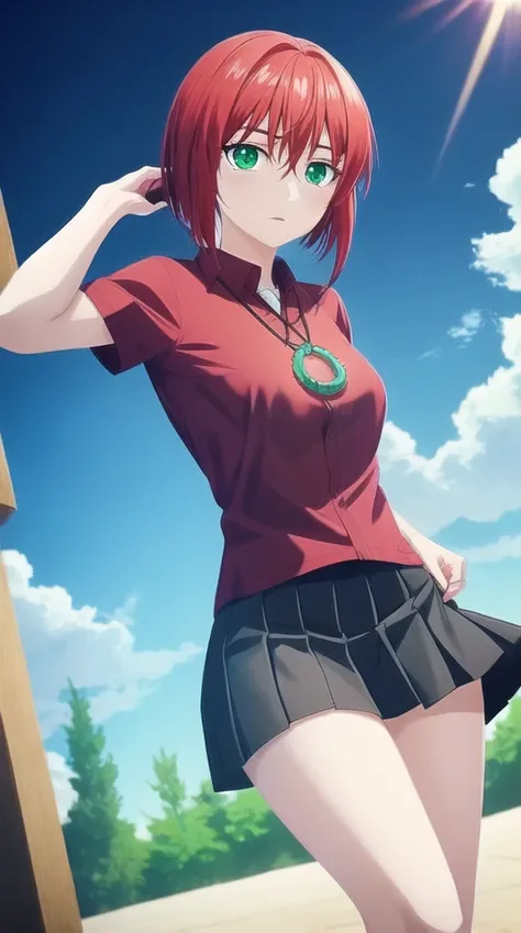 pixel-Chise, 1girl, red shirt, black skirt, jade pendant, masterpiece, dynamic shot, <hypernet:myhands_22k:0.75> <lora:hatori-Chise-LoRA:0.75>
