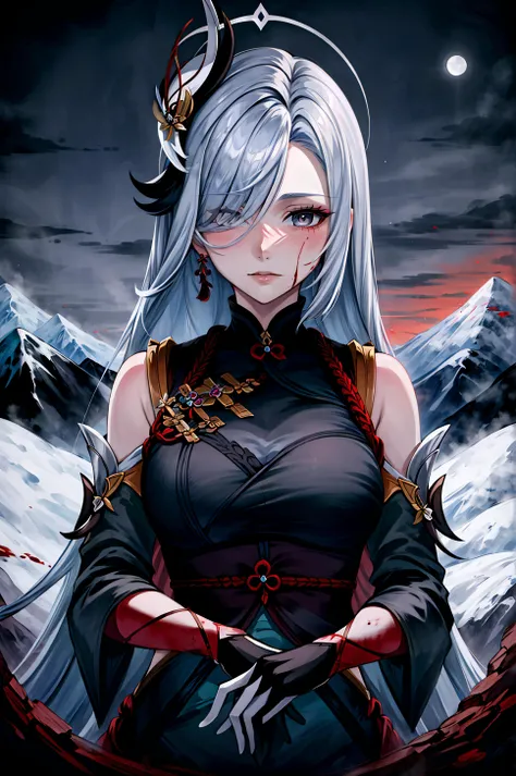 (masterpiece, best quality), <lora:Shenhe-lora-Faxtron:0.8> shenhe \(genshin impact\), 1girl, grey hair, hair over one eye, grey eyes, very long hair, large breasts, <lora:OilAbstractDarkFantasy:0.8> black, blood, 1girl, moon, mountain, oil painted, upper body,
<lora:add_detail:0.8>,