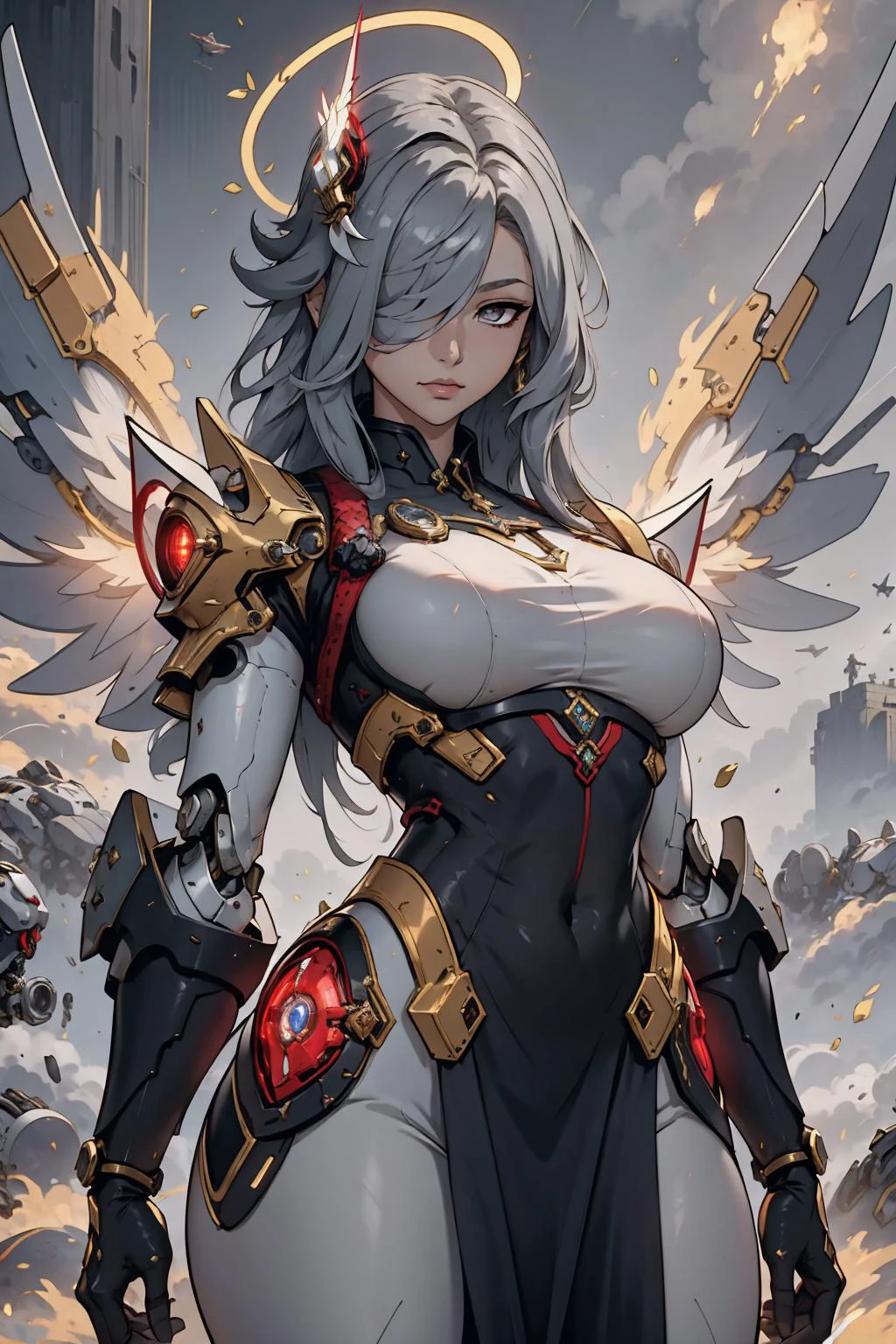 masterpiece, best quality, shenhe \(genshin impact\), 1girl, grey hair, hair over one eye, grey eyes, very long hair, large breasts, <lora:Shenhe-lora-Faxtron:0.75>, wrenchsmechs, glowing, <your_color> mecha, halo, mechanical wings, <lora:Outfit_Mechs:1>