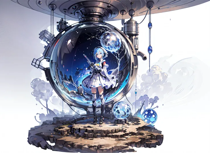 1girl, blue_eyes, blue_hair, braid, braided_bangs, dress, gloves, gradient, gradient_background, hat, hatsune_miku, holding, light_blue_hair, long_hair, looking_at_viewer, magic_circle, smile, very_long_hair, water, white_dress, yuki_miku