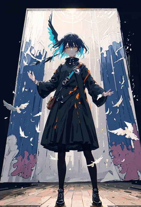 ((masterpiece)), (((best quality))), ((ultra-detailed)), ((illustration)), dynamic angle
1 girl,ultradetailed,from below,perspective,dutch angle,foreshortening,vanishing point,wide shot,Flying feathers, flying bird, scattered feathers,