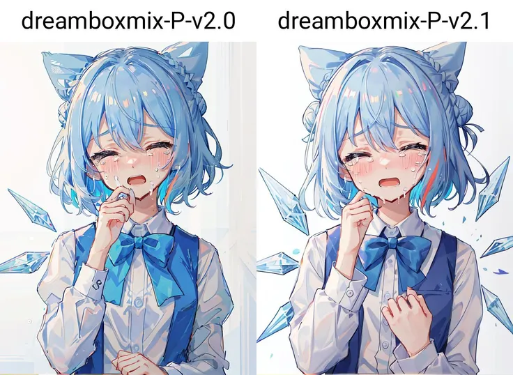 {an extremely delicate and beautiful girl}, 8k wallpaper, {{{masterpiece}}},1girl, solo, crying, blue bow, bow, tears, closed eyes, open mouth, shirt, long sleeves, white shirt, upper body, blush, blue hair, bowtie, white background, collared shirt, hands up, simple background, hair bun, blue bowtie, bangs, , double bun, white hair, vest, facing viewer, short hair, cirno, multicolored hair, , wiping tears,